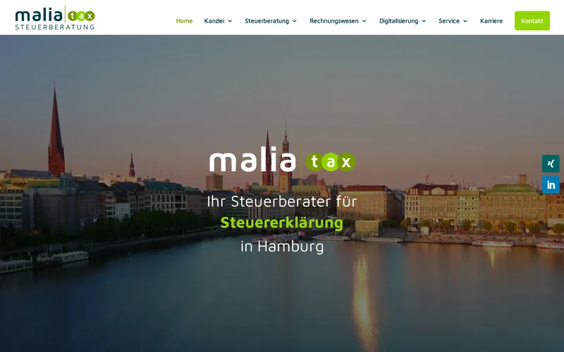 Startseite der ersten malia.tax Webpräsenz mit Hamburg-Panorama